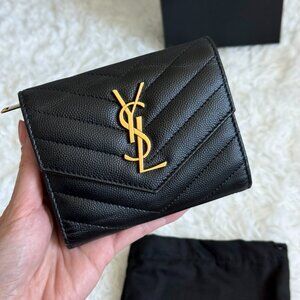 YSL Cassandre Compact Wallet Black Grain de Poudre Gold Hardware